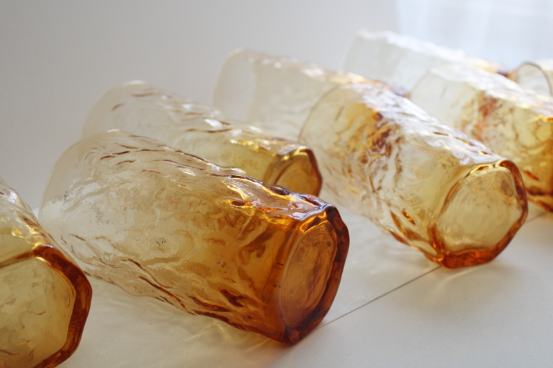 mod vintage crinkle glass tumblers, Seneca driftwood drinking glasses topaz amber