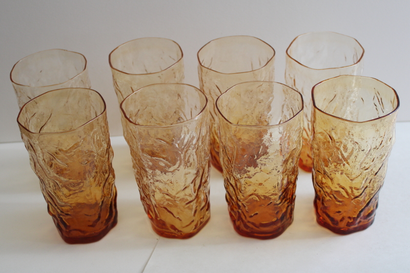 mod vintage crinkle glass tumblers, Seneca driftwood drinking glasses topaz amber