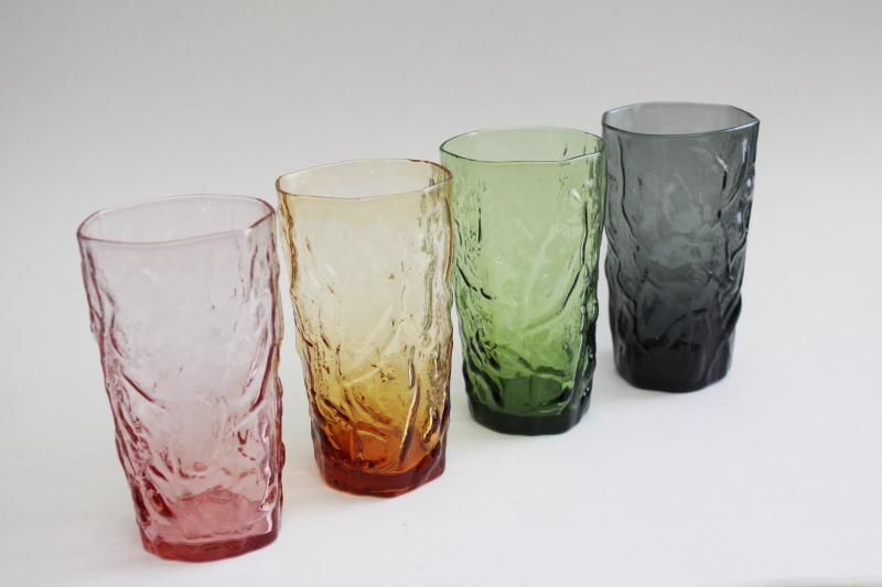 mod vintage crinkle textured glass tumblers, drinking glasses rainbow colors set
