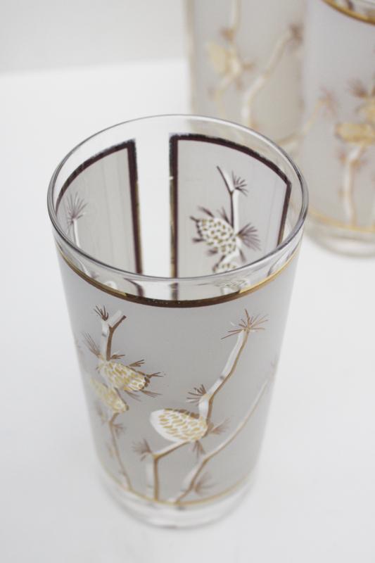 mod vintage drinking glasses, gold pinecones frosted glass tumblers set of six