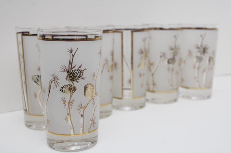 mod vintage drinking glasses, gold pinecones frosted glass tumblers set of six