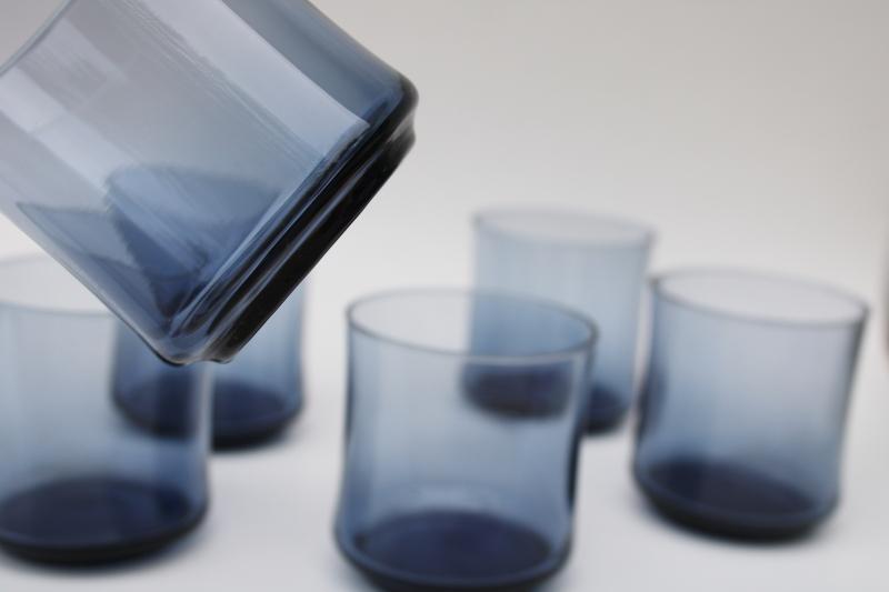 mod vintage dusk blue Libbey glass tumblers, old fashioned glasses retro barware