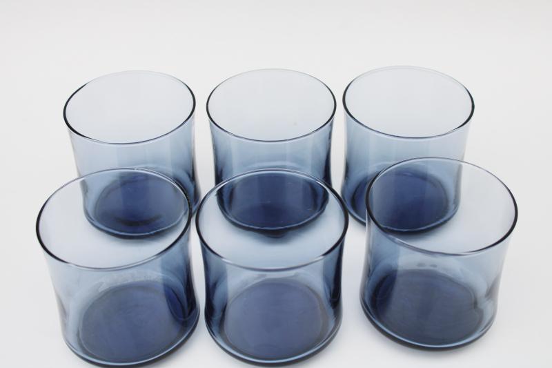 mod vintage dusk blue Libbey glass tumblers, old fashioned glasses retro barware