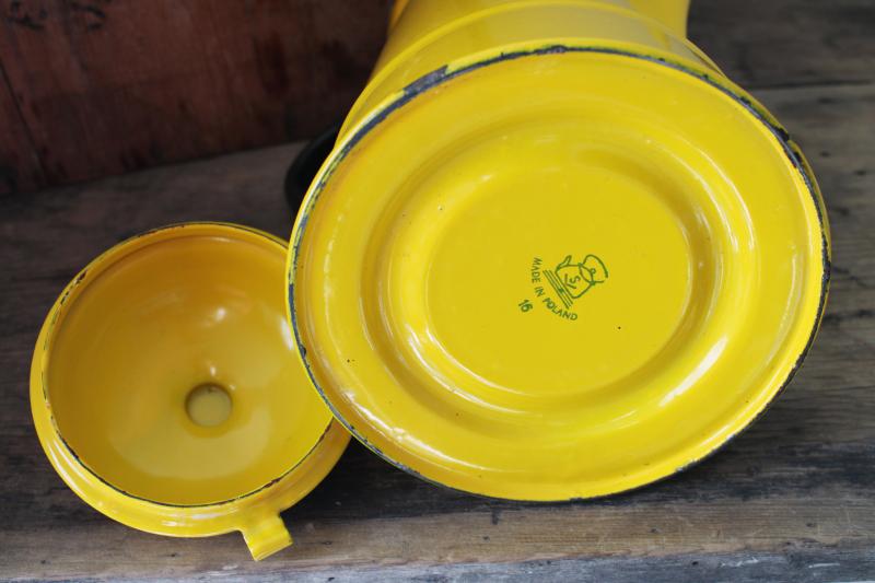 mod vintage enamelware coffee pot, cheerful bright yellow enamel w/ black trim 