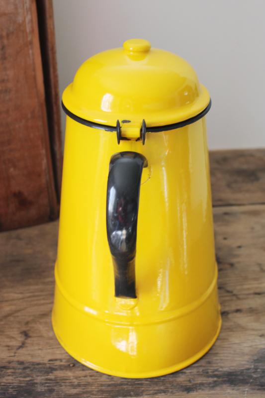 mod vintage enamelware coffee pot, cheerful bright yellow enamel w/ black trim 