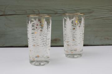 mod vintage fern print drinking glasses, highball tumblers w/ gold stars, white ferns