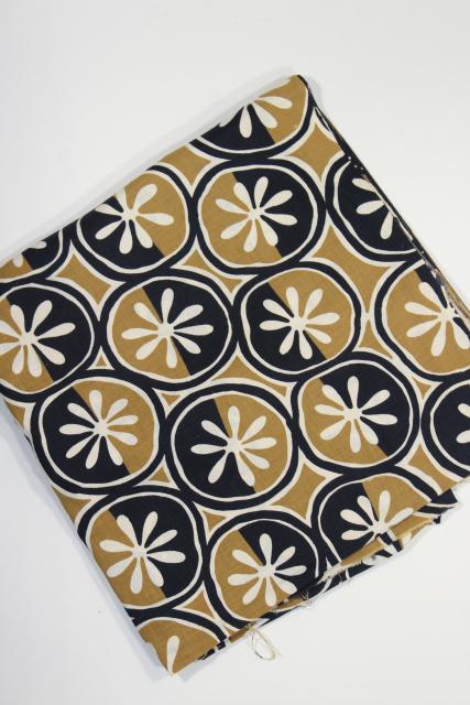 mod vintage graphic daisies print cotton fabric, black tan white minimalist pop art