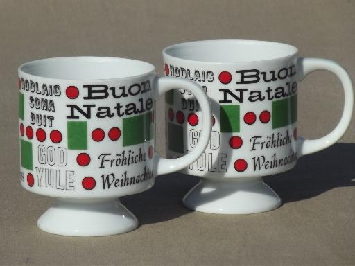mod vintage holiday coffee cups, Christmas greetings around the world