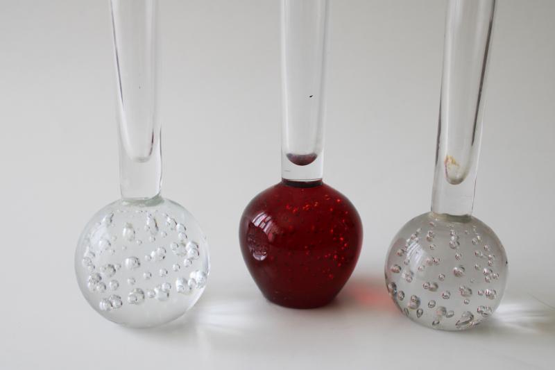 mod vintage paperweight bud vases, controlled bubble glass clear & ruby red