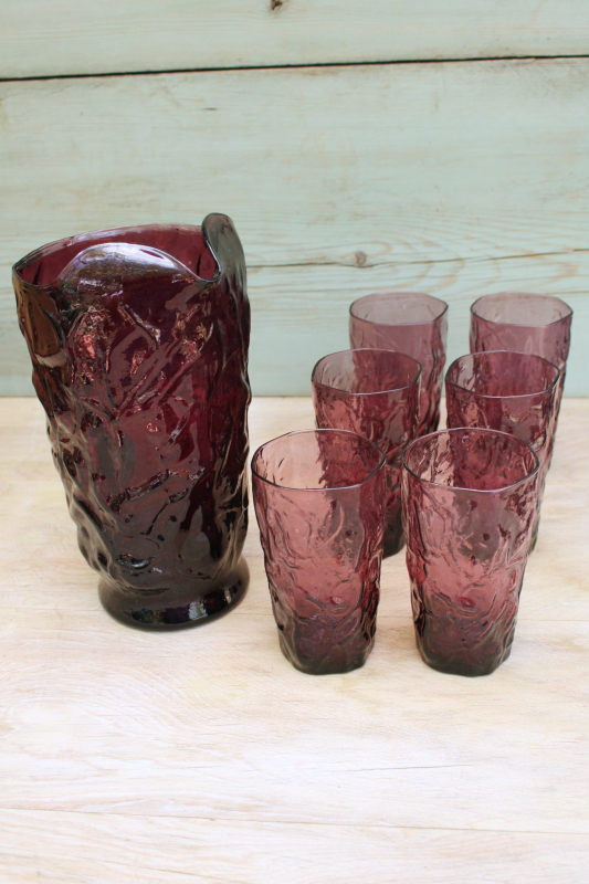 mod vintage pitcher highball glasses set, driftwood crinkle texture plum purple glass