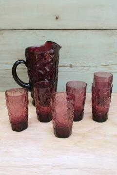 mod vintage pitcher highball glasses set, driftwood crinkle texture plum purple glass