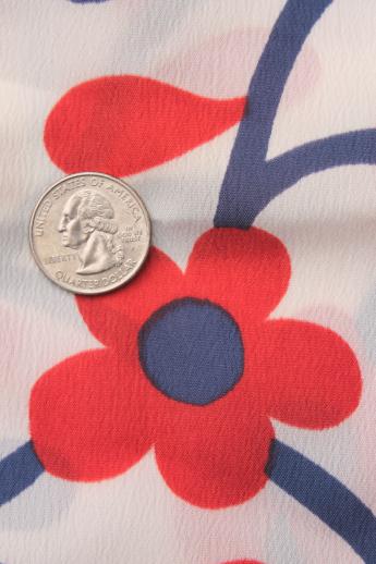 mod vintage poly crepe fabric, flower power daisy print in red, white & blue