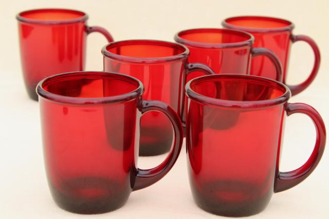 mod vintage ruby red glass coffee mugs, Arcoroc Cocoon pattern w/ Crate & Barrel label