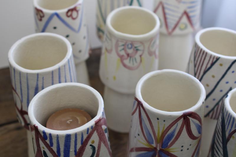 mod vintage set of handmade ceramic goblets or candle holders w/ painted designs 