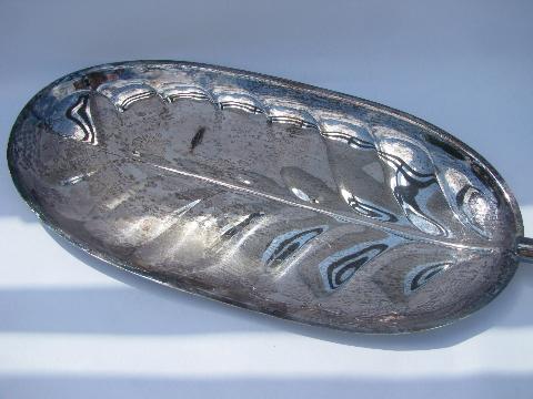 mod vintage silver plate serving tray, retro banana leaf shape, wood handle
