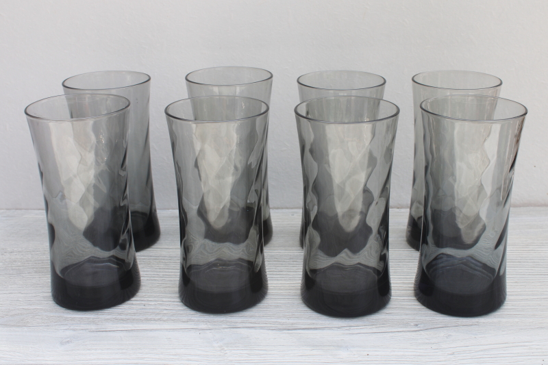 mod vintage smoke grey drinking glasses set, optic swirl pattern