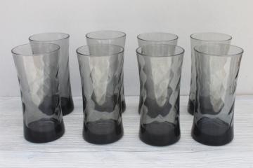 mod vintage smoke grey drinking glasses set, optic swirl pattern tall tumblers