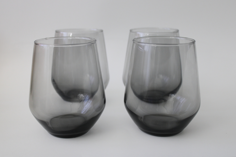 mod vintage smoke grey glass drinking glasses, double old fashioned large tumblers