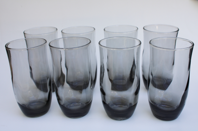 mod vintage smoked glass tumblers, optic glass drinking glasses grey smoke color