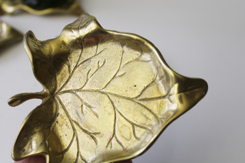 mod vintage solid brass leaves coaster set, leaf shaped drinks coasters or ashtrays