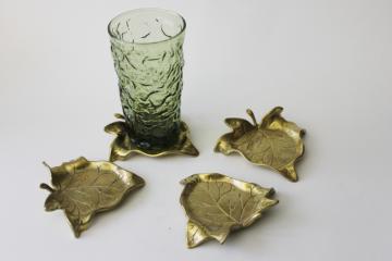 mod vintage solid brass leaves coaster set, leaf shaped drinks coasters or ashtrays