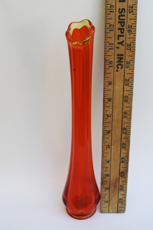 mod vintage swung shape bud vase, retro flame orange hand blown art glass