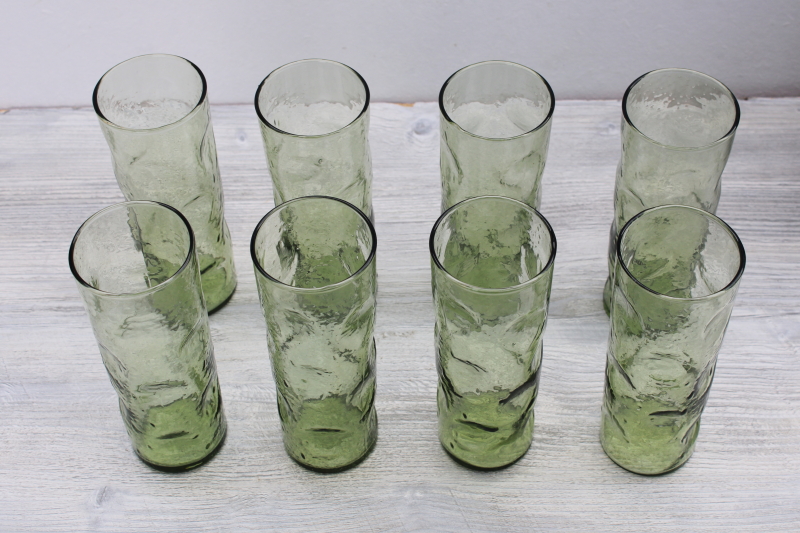 mod vintage tall skinny tumblers, Collins glasses dimpled pinch shape avocado green glass