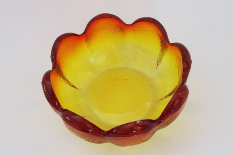 mod vintage tangerine orange amberina glass lotus flower shaped bowl