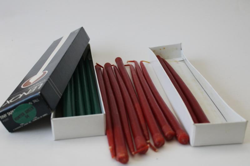 mod vintage tiny taper candles, long skinny candles Christmas red and green