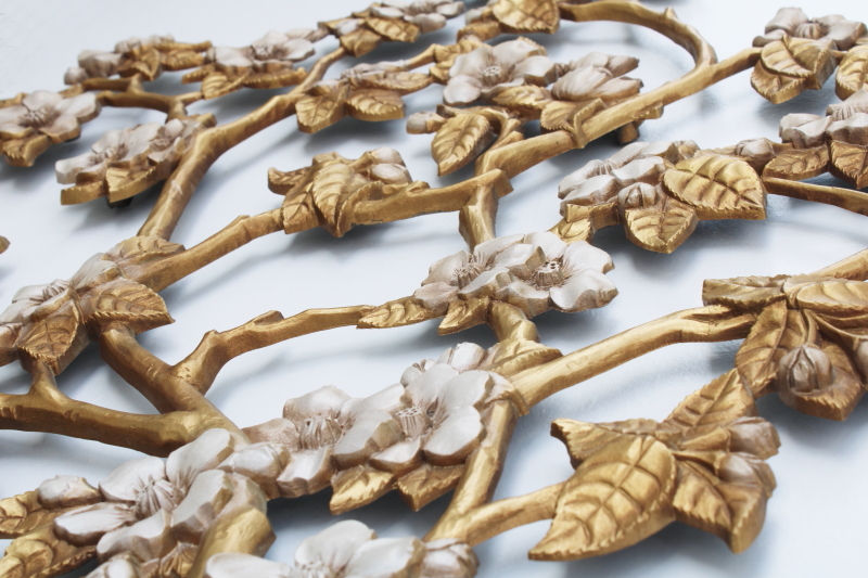 mod vintage wall art, flowering branch chinoiserie style decor, Burwood plastic wall hanging plaque
