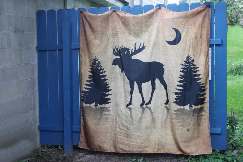 modern camp cabin rustic shower curtain, moose & pine trees silhouette print fabric