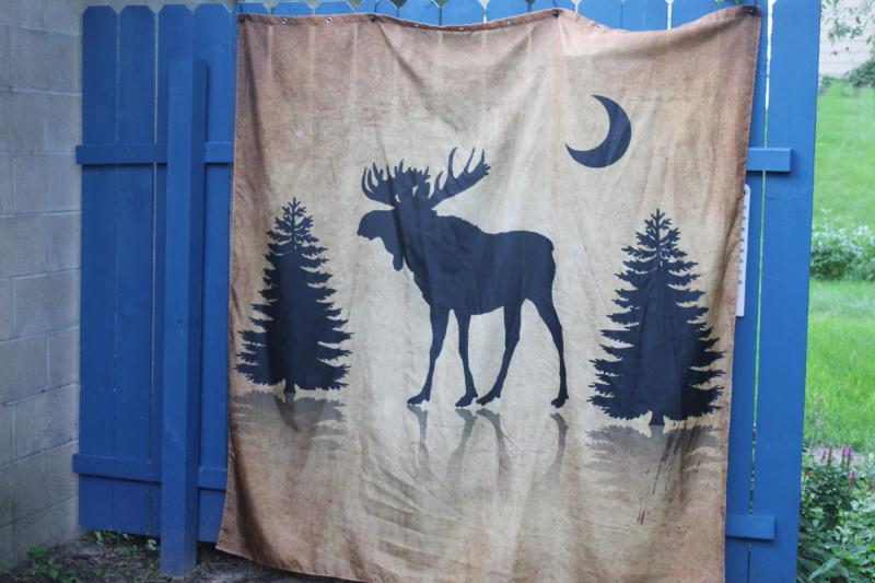 modern camp cabin rustic shower curtain, moose & pine trees silhouette print fabric