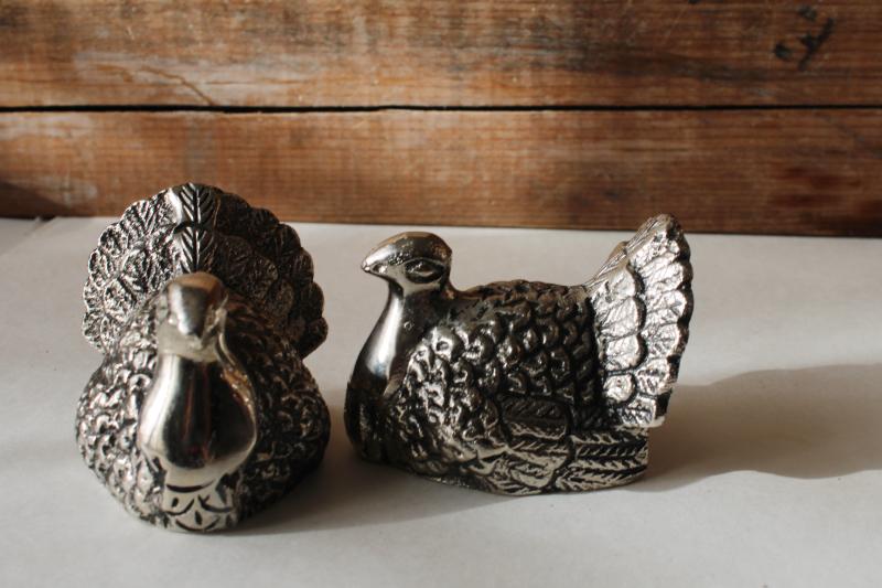 modern farmhouse Thanksgiving S&P figural turkeys, antiqued silver finish cast