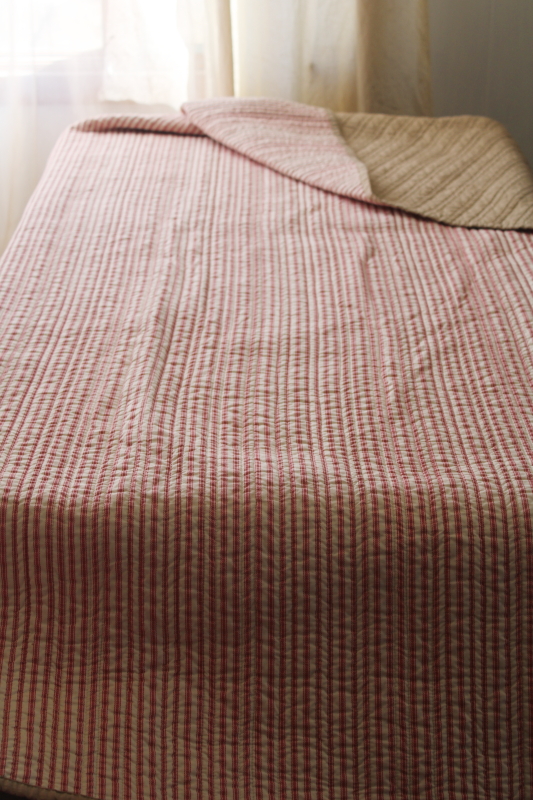 modern farmhouse barn red ticking stripe tan cotton quilt, quilted throw blanket