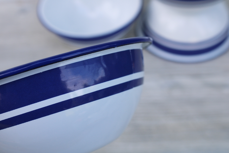 modern farmhouse blue white enamelware bowls, wide cobalt band cereal or salad bowls