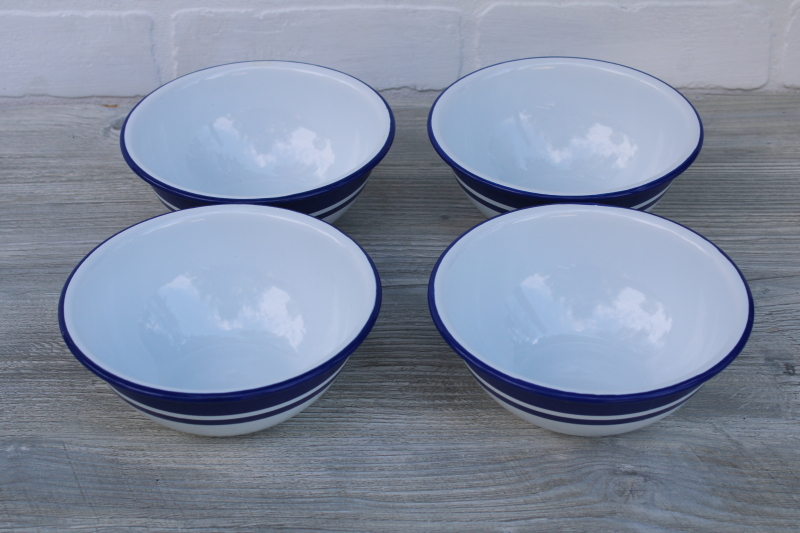 modern farmhouse blue white enamelware bowls, wide cobalt band cereal or salad bowls