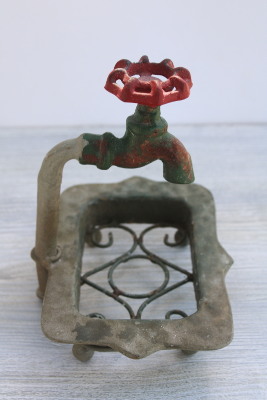 modern farmhouse cast metal soap dish w/ garden spigot, for potting bench, mudroom, she shed