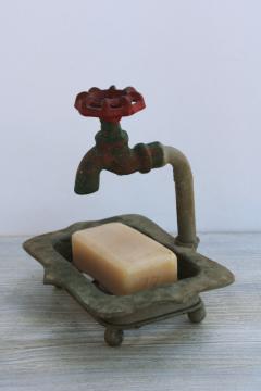modern farmhouse cast metal soap dish w/ garden spigot, for potting bench, mudroom, she shed