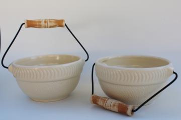 modern farmhouse ceramic bowls w/ wire handles, 1990s vintage primitive stoneware style