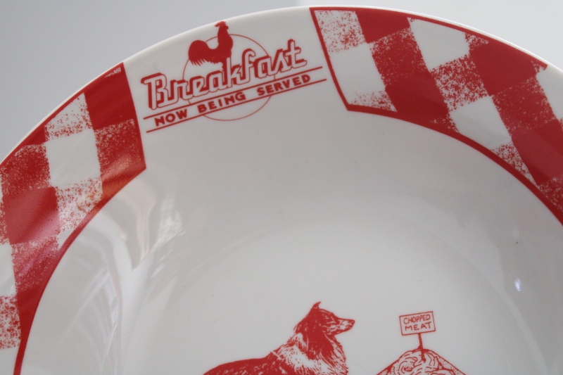 modern farmhouse china cereal bowl, Breakfast Now Being Served red gingham w/ collie dog
