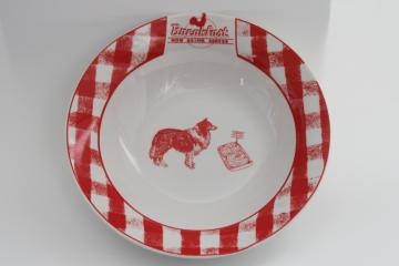 modern farmhouse china cereal bowl, Breakfast Now Being Served red gingham w/ collie dog