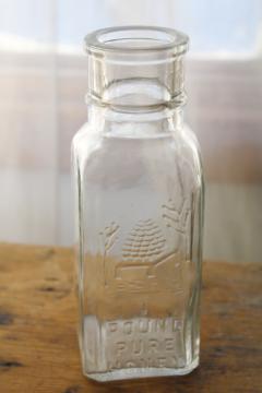 modern farmhouse embossed glass bottle w/ bee hive, 1 Pound Pure Honey