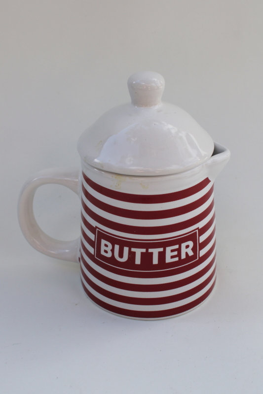 modern farmhouse kitchen ceramic Butter pitcher w/ lid red  white California Pantry