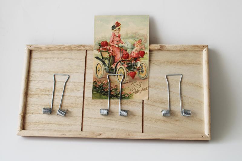 modern farmhouse natural wood memo board or photo holder, mousetrap spring clips