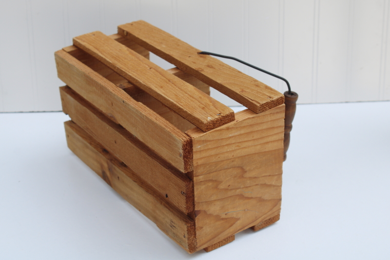 modern farmhouse primitive wood crate caddy or storage basket, slatted box w/ wire handle