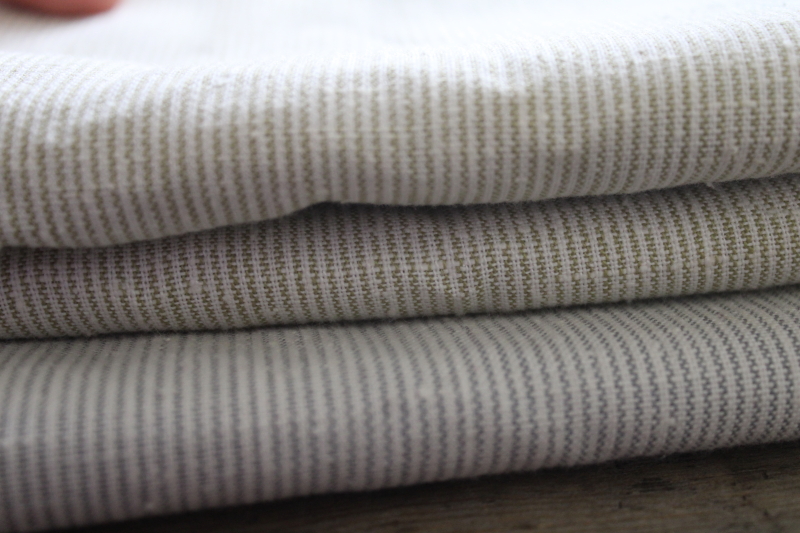 modern farmhouse style fabric lot, pillow ticking print, grey, indigo, tan fine stripes