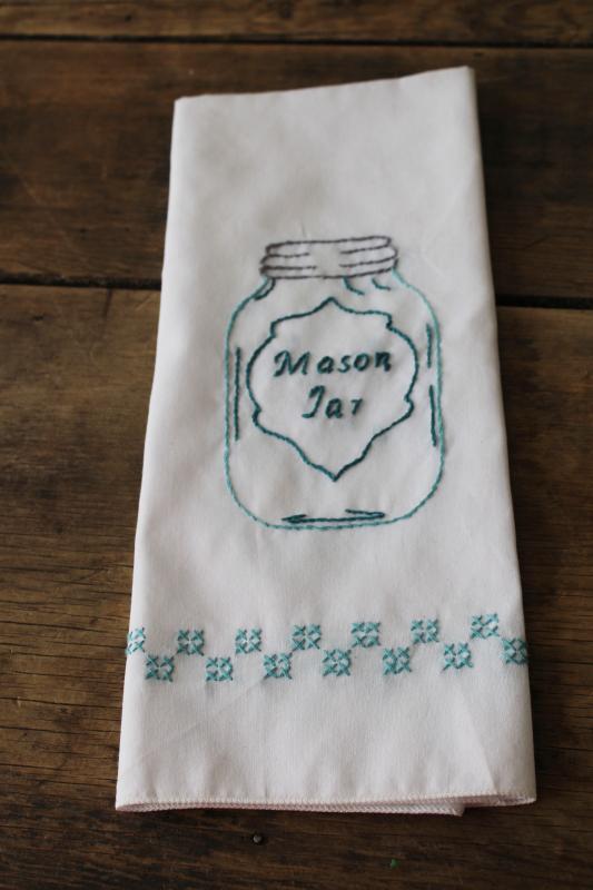 modern farmhouse style hand embroidered Mason jar towel, vintage kitchen