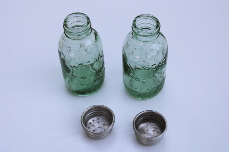 modern farmhouse style mini green glass mason jars S-P shakers w/ metal lids