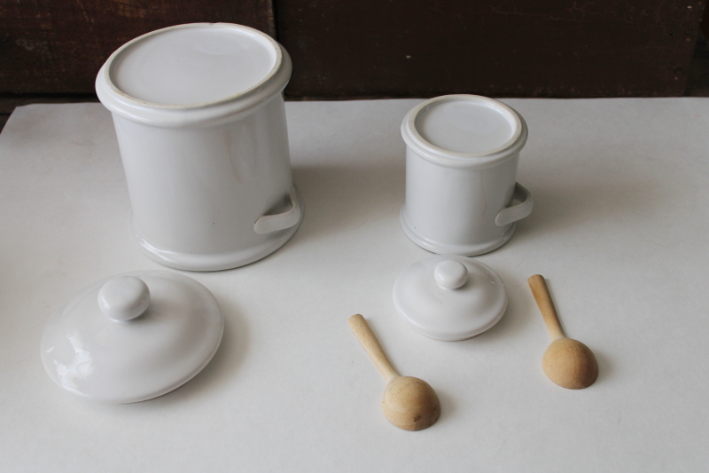 modern farmhouse vintage white ceramic kitchen canisters w/ wood spoon scoops