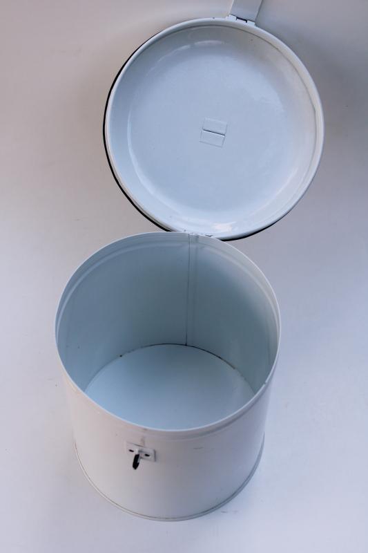 modern farmhouse white enamelware metal kitchen canister, large round tin hinged lid